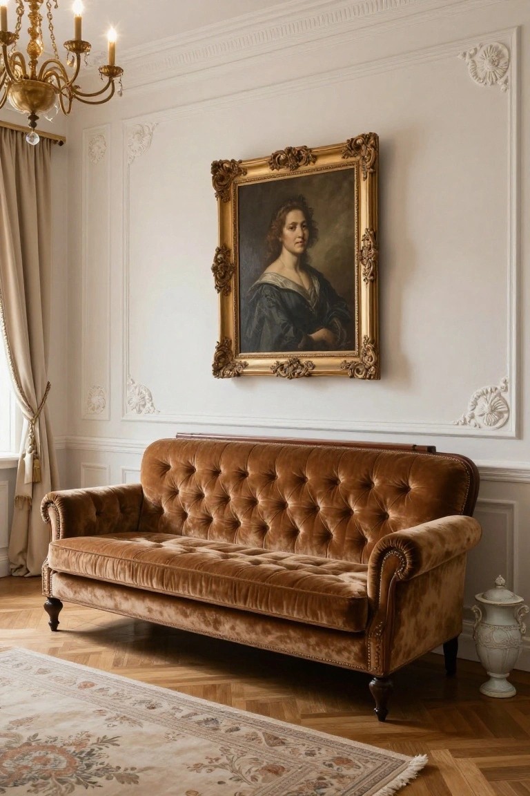 Living room interior with white paneled walls and ornate moldings, gold-framed portrait painting, beige curtains, tufted brown velvet sofa, chandelier, porcelain vase, and patterned rug on herringbone wood floor.