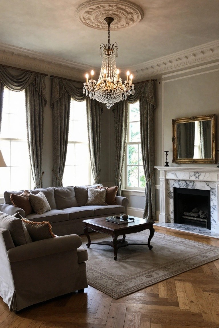 A luxurious living room with high ceilings, ornate plaster ceiling rose and crown molding, crystal chandelier, two gray sofas around a wood coffee table, marble fireplace, gold-framed mirror, and tall windows with gray drapes.