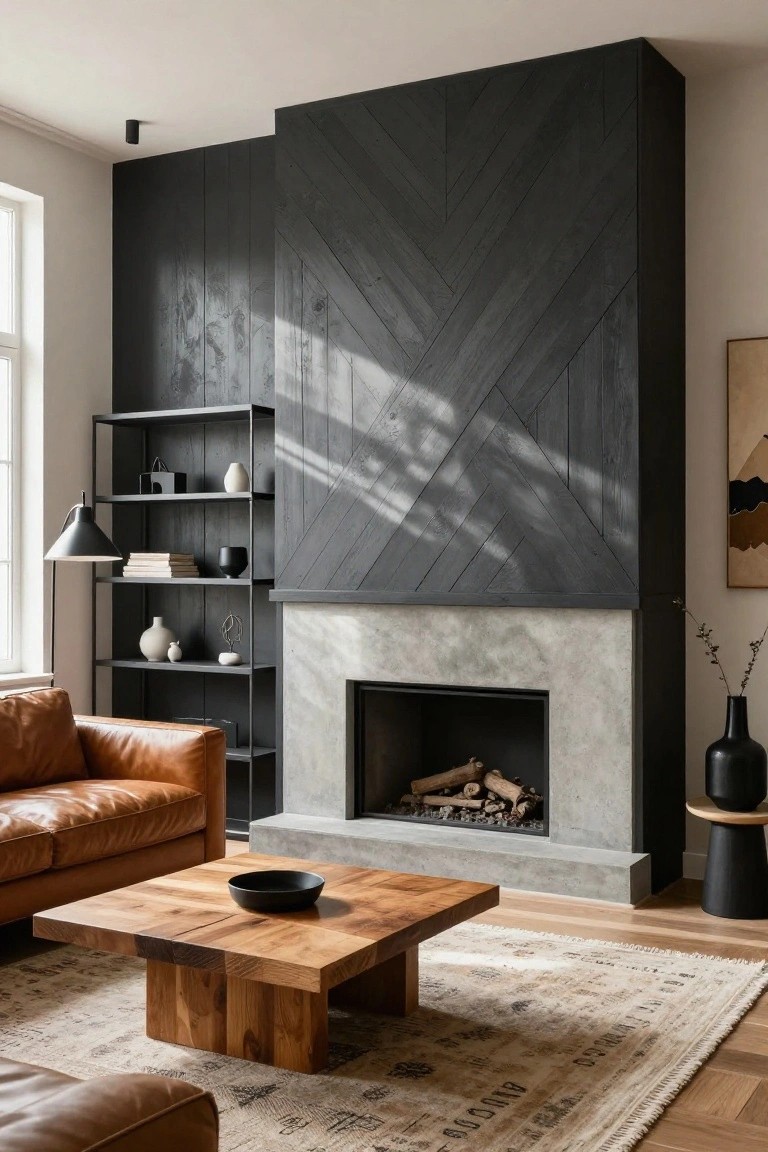 Modern living room with tall black chevron wood wall behind concrete fireplace, leather sofa, wooden coffee table, black metal shelves, and beige rug on oak floors.