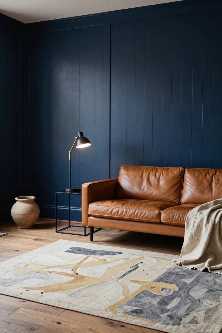 Living room with deep navy blue vertical paneled walls, tan leather sofa draped with a throw, black arched floor lamp on a side table next to a terracotta vase, and a large abstract cream rug on light wood floors.
