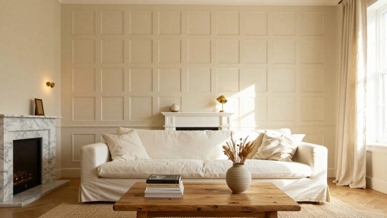 A light beige living room with rectangular wall paneling, marble fireplace, white L-shaped sofa, wooden coffee table, beige rug, and dried flower arrangements in vases.