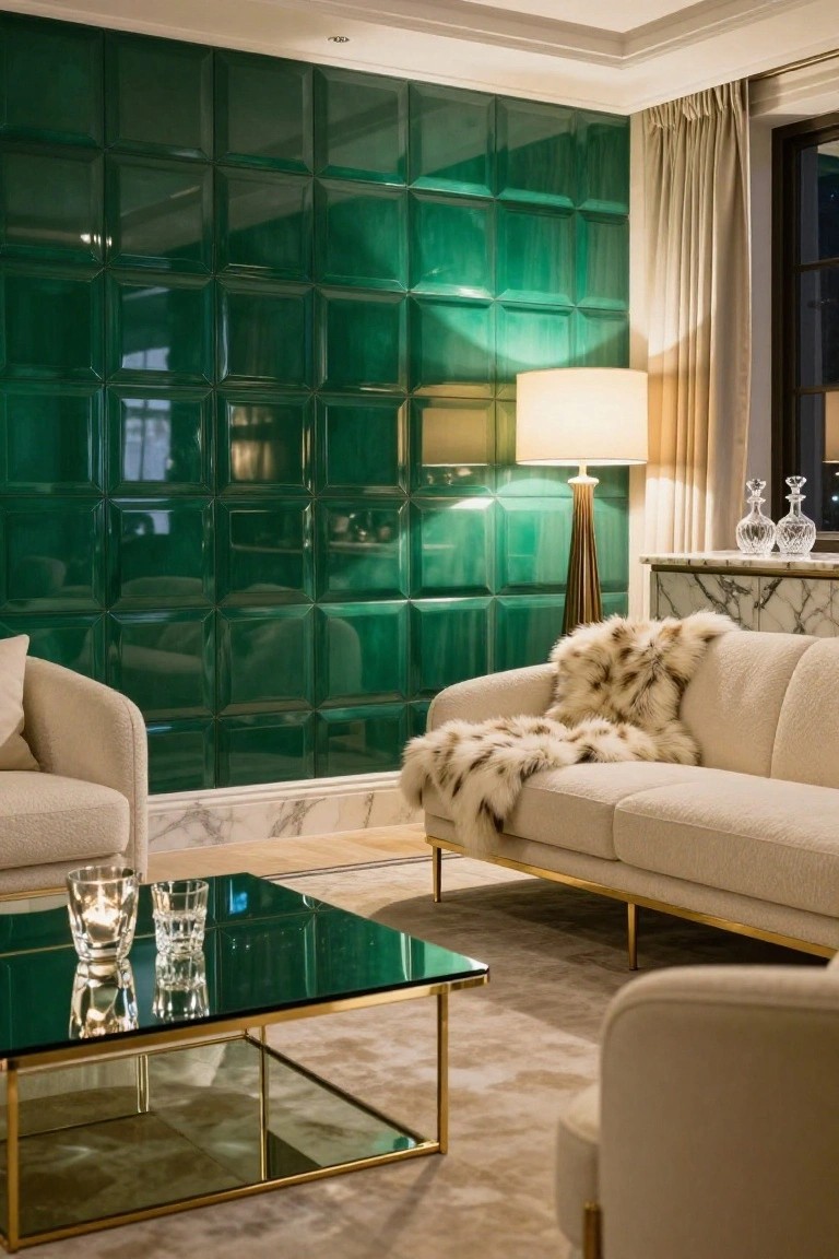 Living room with glossy emerald green square-tiled accent wall, cream bouclé sofas draped with fur throw, gold-framed glass coffee table holding candles and glasses, marble sideboard with decanters, and tall lamp nearby.