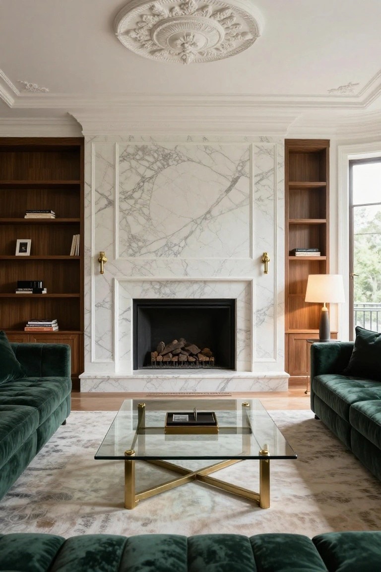A luxurious living room with a white veined marble fireplace wall framed by ornate white moldings and flanked by wooden bookshelves, green velvet sofas, a glass coffee table, and large windows.