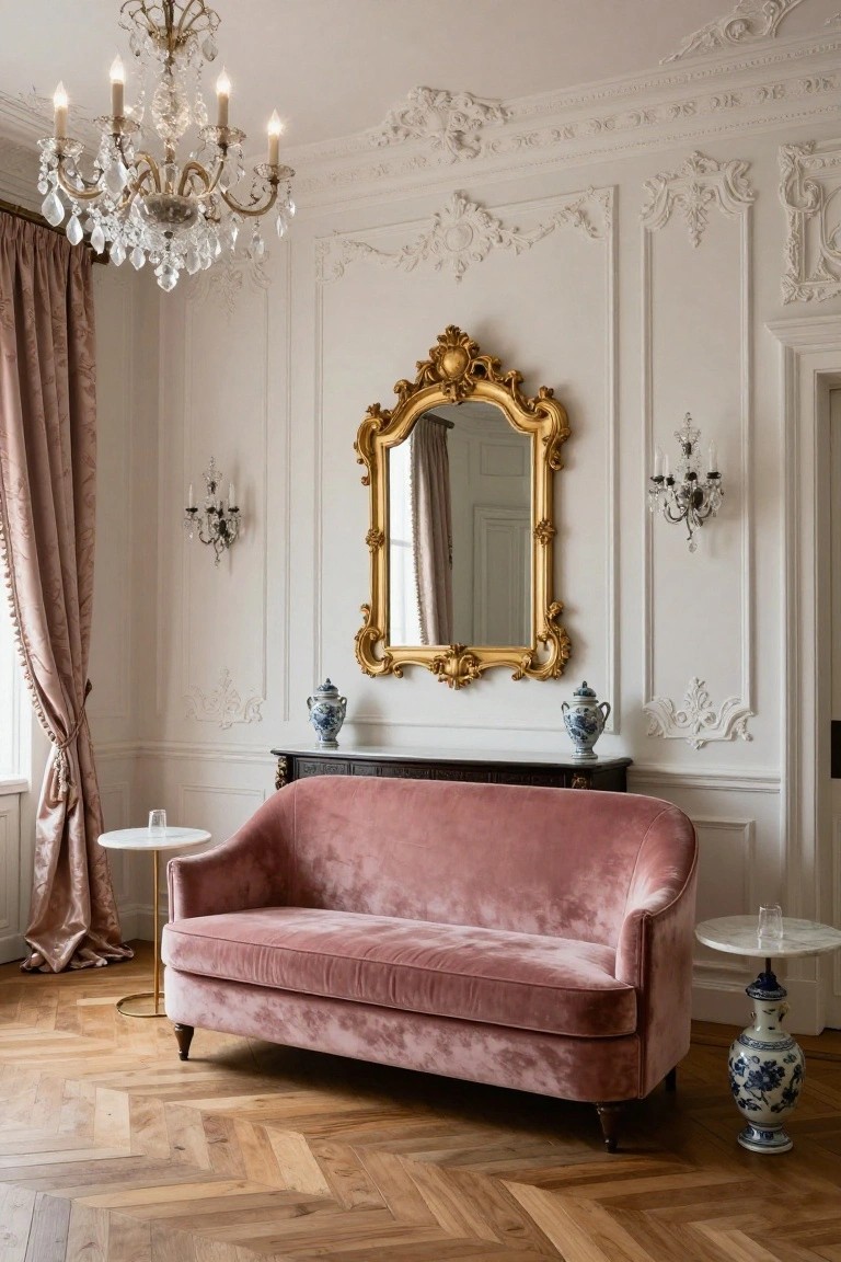 A living room with ornate white plaster wall paneling, a curved pink velvet sofa, gold-framed mirror over a console table with blue and white vases, crystal chandelier, pink drapes, wall sconces, and herringbone wood floors.