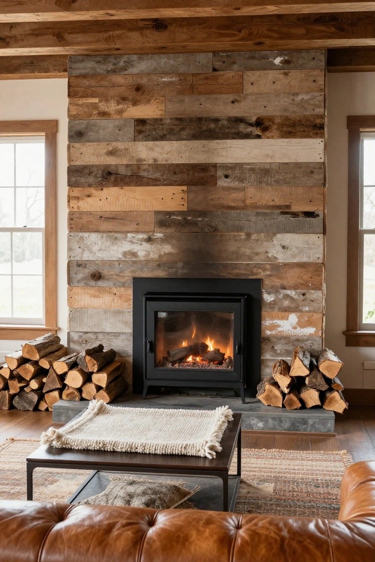 Living room with a black modern stove fireplace against a vertical reclaimed wood plank wall, firewood stacks flanking the hearth, low metal coffee table with woven rug and throw, and tan leather sofa in foreground.