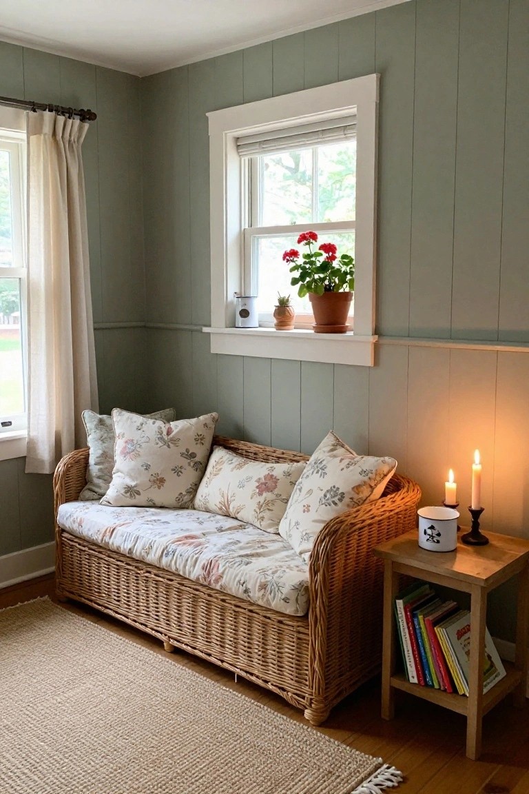 Cozy indoor sitting area with sage green vertical board-and-batten paneled walls, white-trimmed window with geranium plants on sill, wicker sofa with floral cushions and pillows, wooden side table holding white mug candles and colorful books, and beige jute rug on hardwood floor.