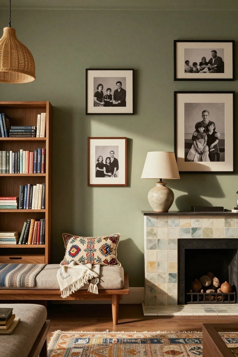 Sage green living room walls with wooden bookshelves, black-and-white framed family photos, a bench with embroidered pillow and throws, and a fireplace featuring a colorful tiled surround on a dark hearth.