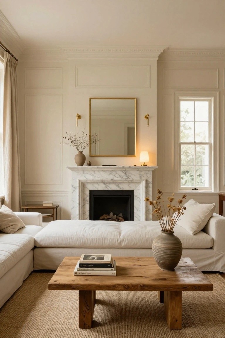 A light beige living room with rectangular wall paneling, marble fireplace, white L-shaped sofa, wooden coffee table, beige rug, and dried flower arrangements in vases.