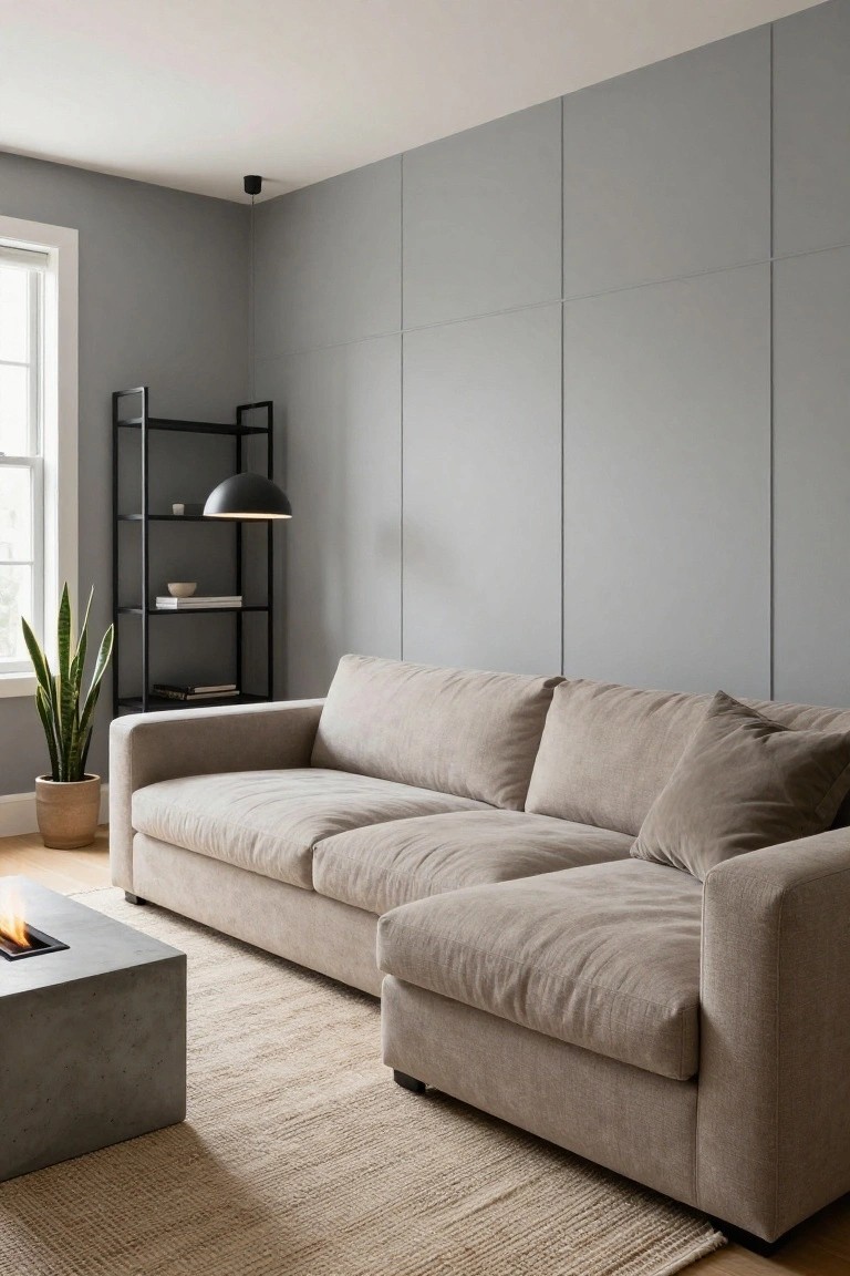 Modern living room with light gray vertical paneled wall, beige L-shaped sofa, concrete fire table on seagrass rug, black metal shelf holding lamp, books, snake plant, and white window frame.