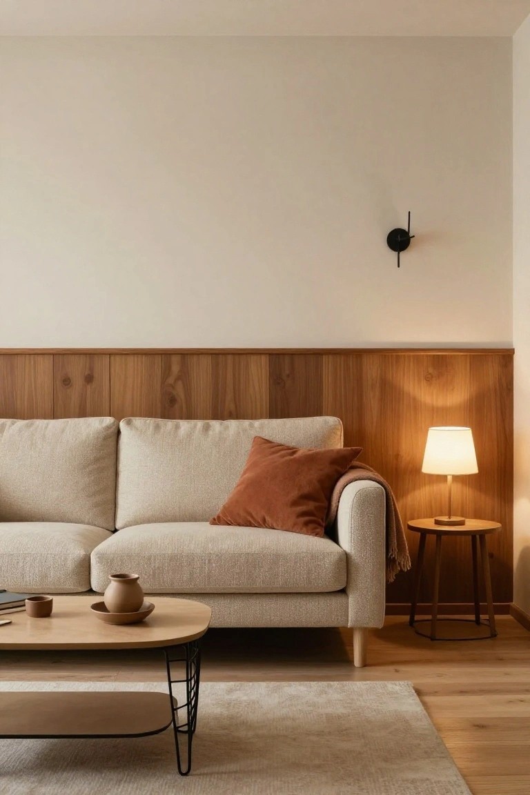 Beige sofa against a wall with warm vertical wood paneling at mid-height, beside a small round side table with lamp, oval coffee table with ceramics in front, on light wood floor with beige rug.