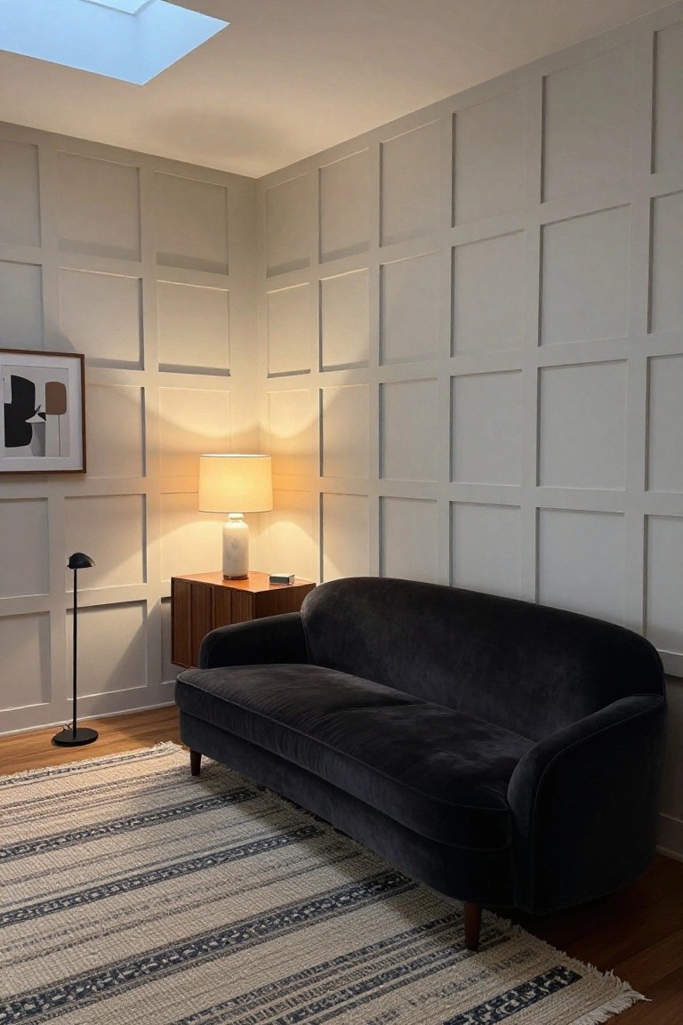 Corner of a living room with white grid-paneled walls, dark velvet sofa on striped rug, wooden credenza holding a ceramic lamp, floor lamp nearby, and abstract framed artwork.