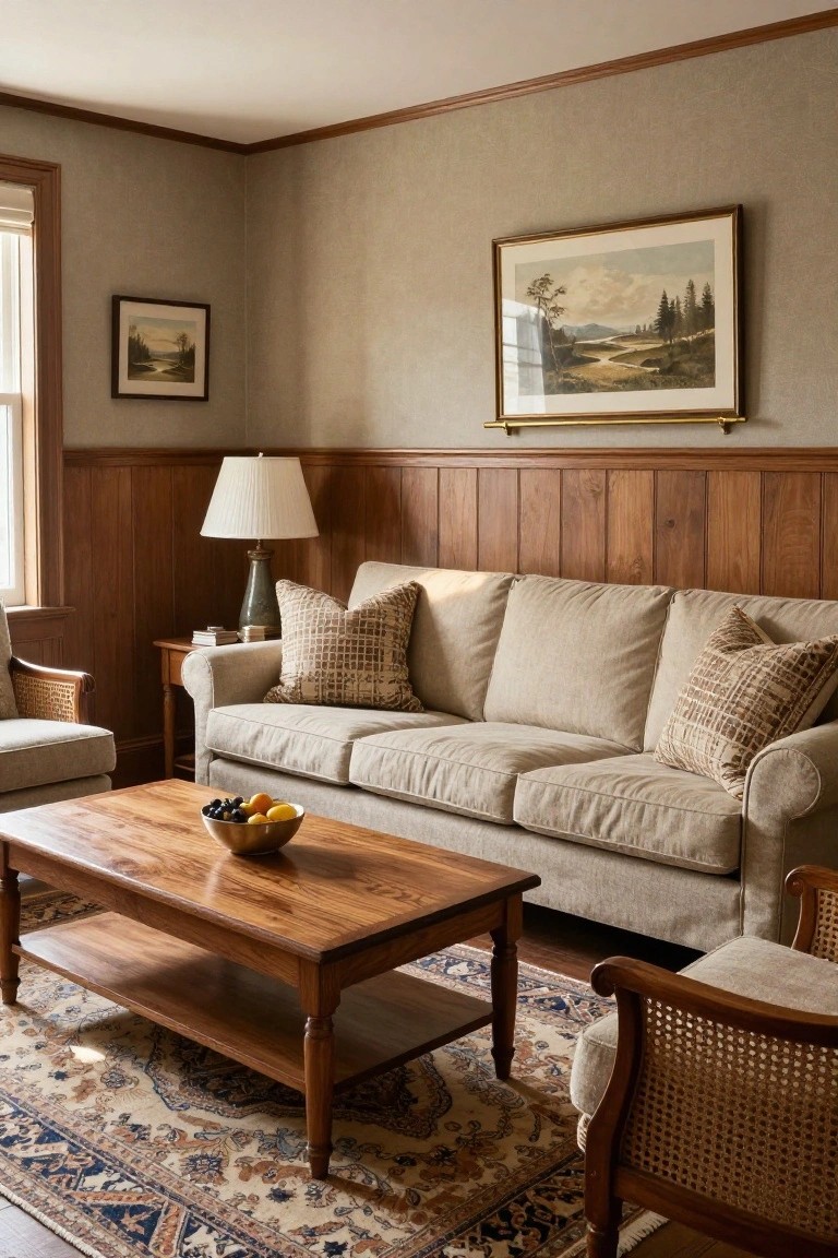 A living room with beige sectional sofa, wood coffee table holding a fruit bowl, two armchairs, table lamp, wood-paneled walls, and landscape paintings near windows.
