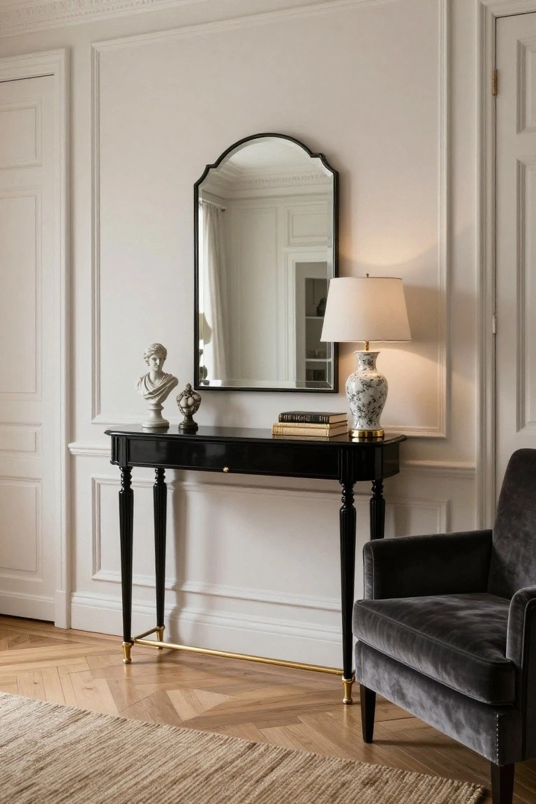 Black console table with brass legs and stretchers against a white paneled wall, topped with books, a white porcelain ginger jar lamp, and a marble bust sculpture under an arched black-framed mirror, beside a gray velvet armchair on herringbone parquet flooring.