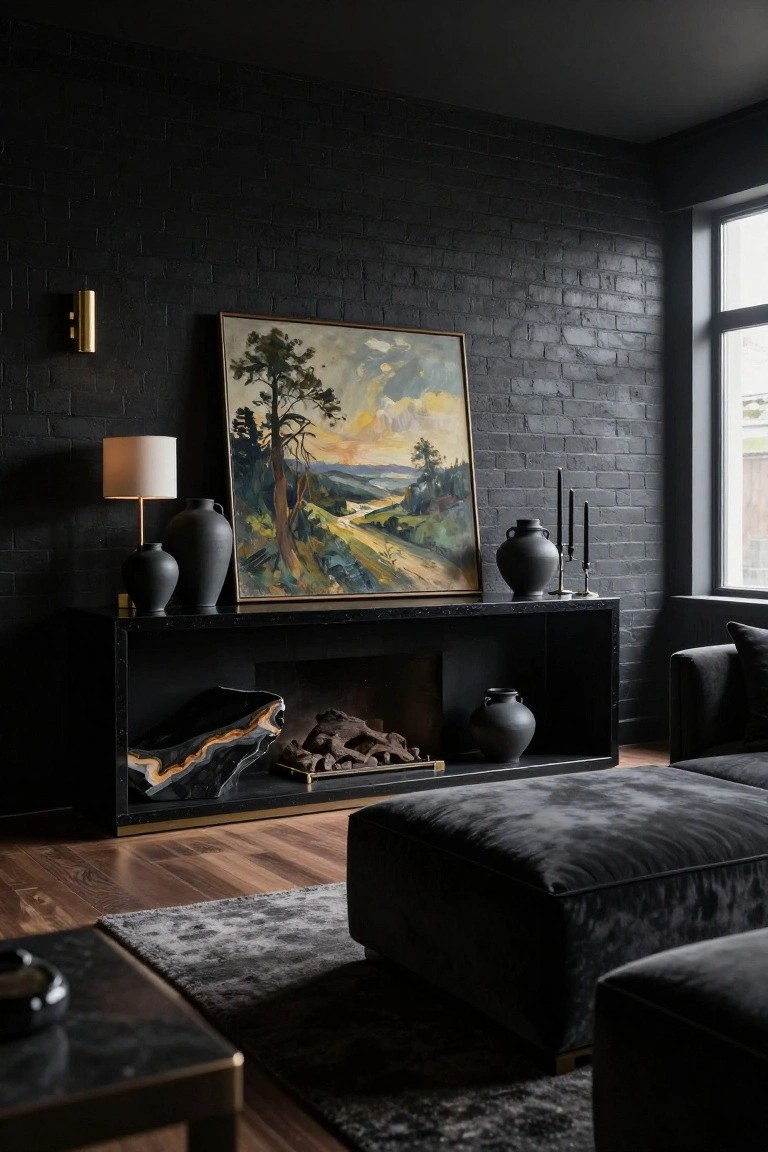 Dark brick-walled living room with a large black metal console table topped by black vases and lamps, a colorful landscape oil painting above it, built-in fireplace, black sofa, and velvet ottomans on wood floors.