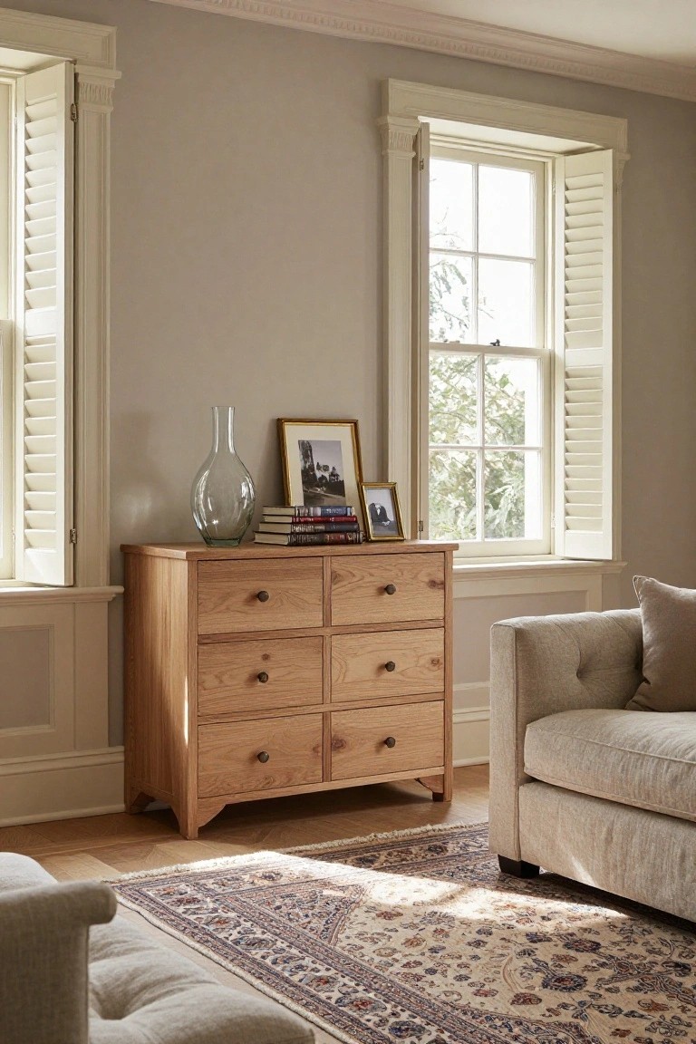 Light oak six-drawer chest of drawers against a beige wall in a living room, topped with stacked books, glass vase, and two framed photos, positioned beside a cream sofa on a patterned rug with open shutters on nearby windows.