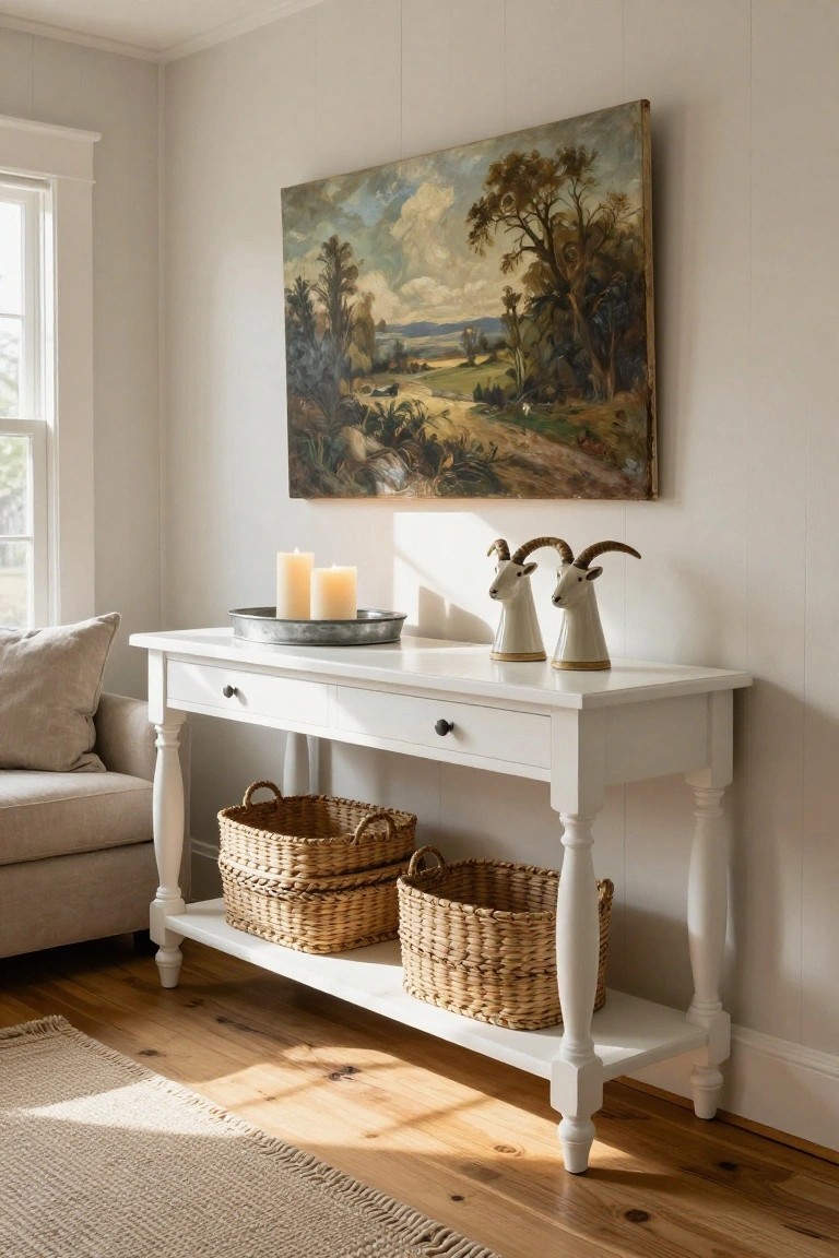 Classic White Console Table with Woven Baskets