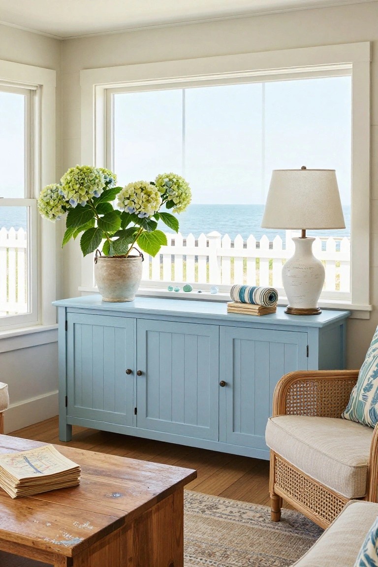 Light blue wooden console table topped with potted hydrangeas, white lamp, towels, and seashells in a sunlit living room corner with ocean view through large windows, rattan chair, and wooden coffee table nearby.