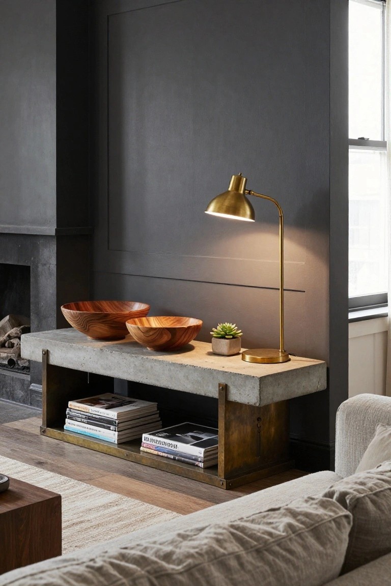 Living room console table made of concrete with brass legs and wooden supports, topped with two wooden bowls, a potted succulent, books, and a gold arc lamp, positioned against a dark wall near a fireplace and beige sofa.