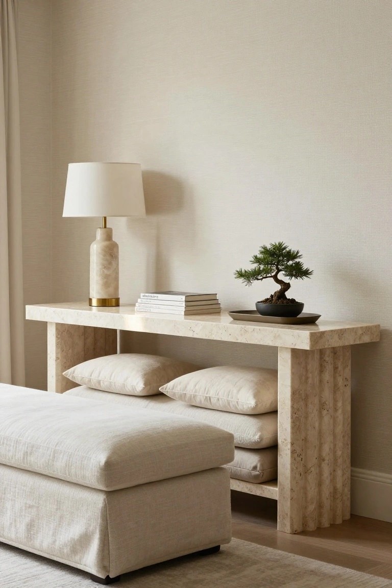 Fluted travertine console table against a textured beige wall, holding a white lamp with marble base, stacked white books, and black bonsai pot on a tray, with stacked beige pillows on lower shelves and a skirted beige ottoman beside it on light wood flooring.