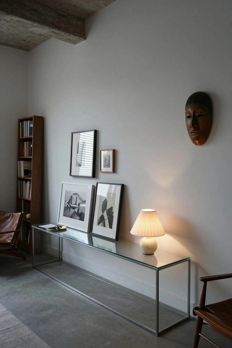 Minimalist living room corner with a clear glass console table on metal legs holding a white ceramic lamp and metal tray, leather chairs nearby, tall wooden bookshelf, framed black-and-white photos and plant prints on wall, wooden mask sculpture, and soft lamp light.