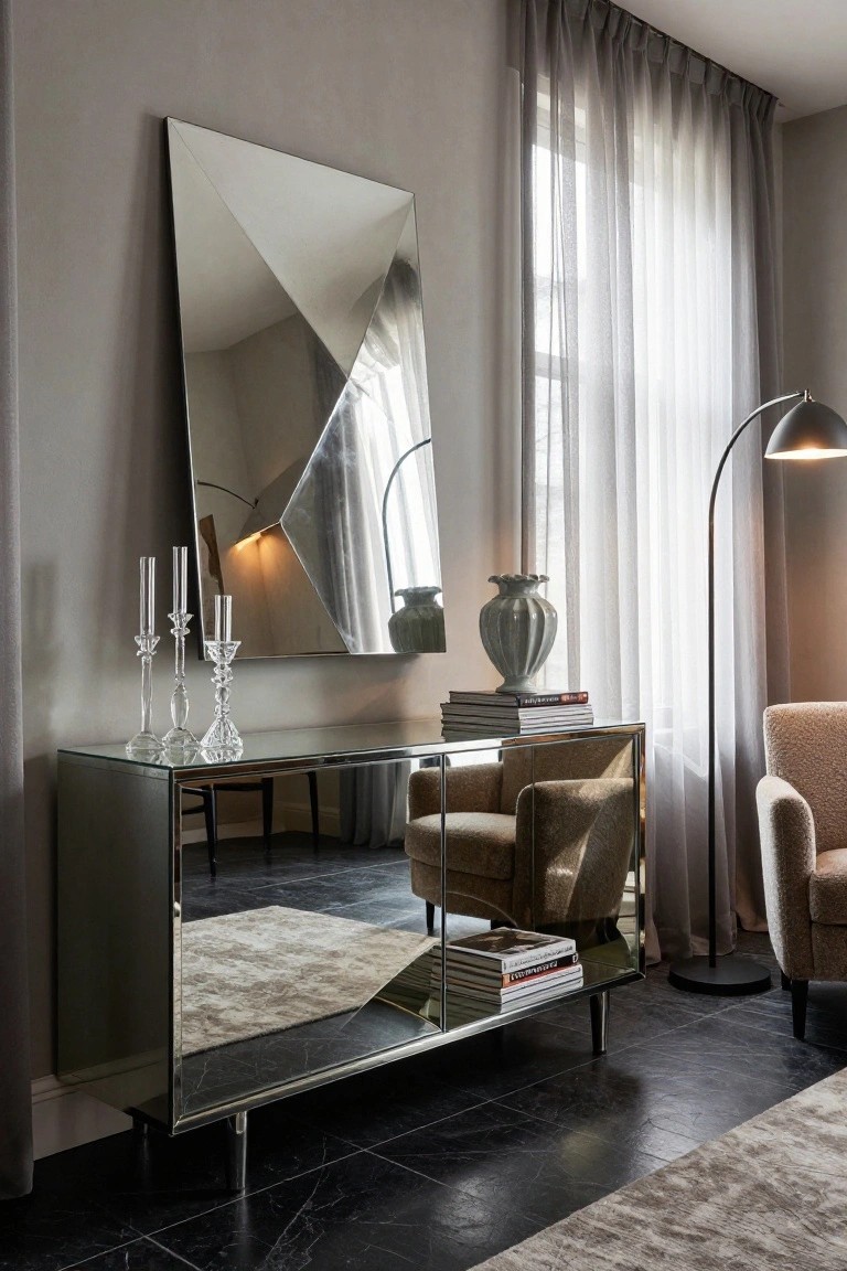 Modern living room corner with tall angular wall mirror, glass-topped mirrored console table holding crystal candelabras, ceramic vase, and stacked books, beside a beige velvet armchair, arc floor lamp, sheer curtains at window, dark marble floor, beige rug.