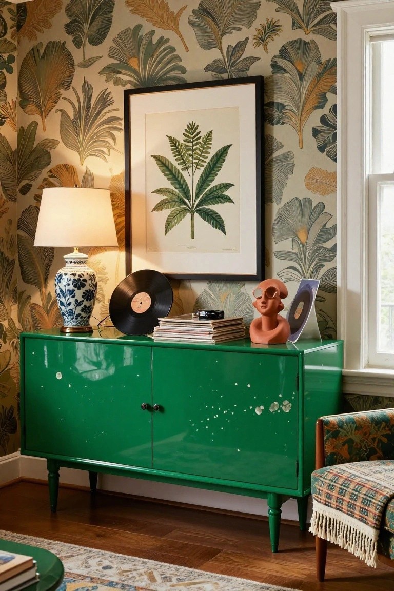Glossy emerald green console table with star-like flecks against green palm leaf wallpaper, topped with stacked vinyl records, books, and orange terracotta bust sculpture, blue and white vase lamp beside it in living room.
