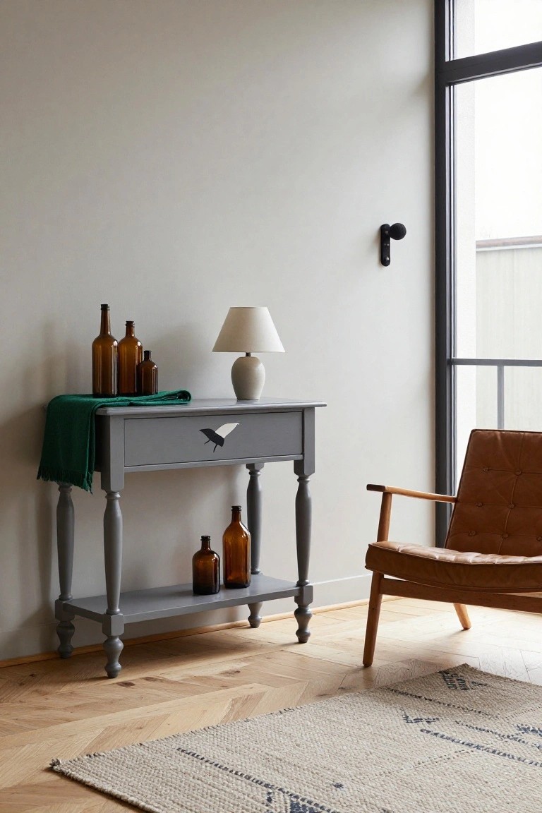 Gray painted console table with turned legs, a drawer featuring a black bird decal, green cloth runner, multiple amber glass bottles, and a white ceramic lamp on top, positioned beside a tan leather armchair in a room with light walls, large window, and herringbone parquet floor.