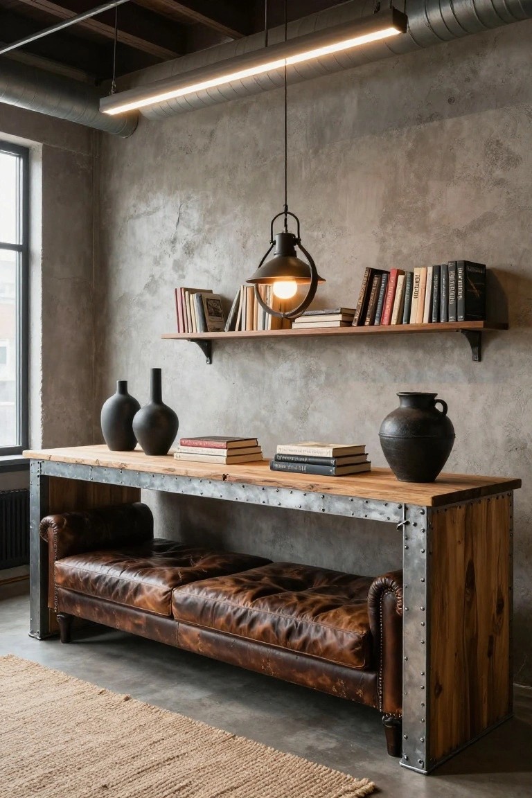 Industrial console table with wood top, metal frame, and integrated brown leather bench against concrete wall, with black vases, books, and floating shelves nearby.
