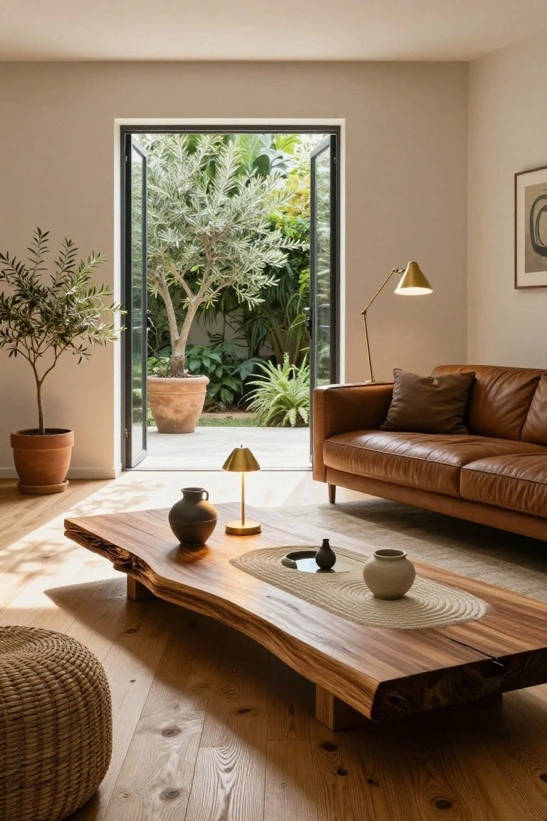 Modern living room interior with beige walls, brown leather sofa, live-edge wooden coffee table topped with ceramic vases and sand tray, potted olive tree, floor lamp, open black-framed doors to lush garden patio.