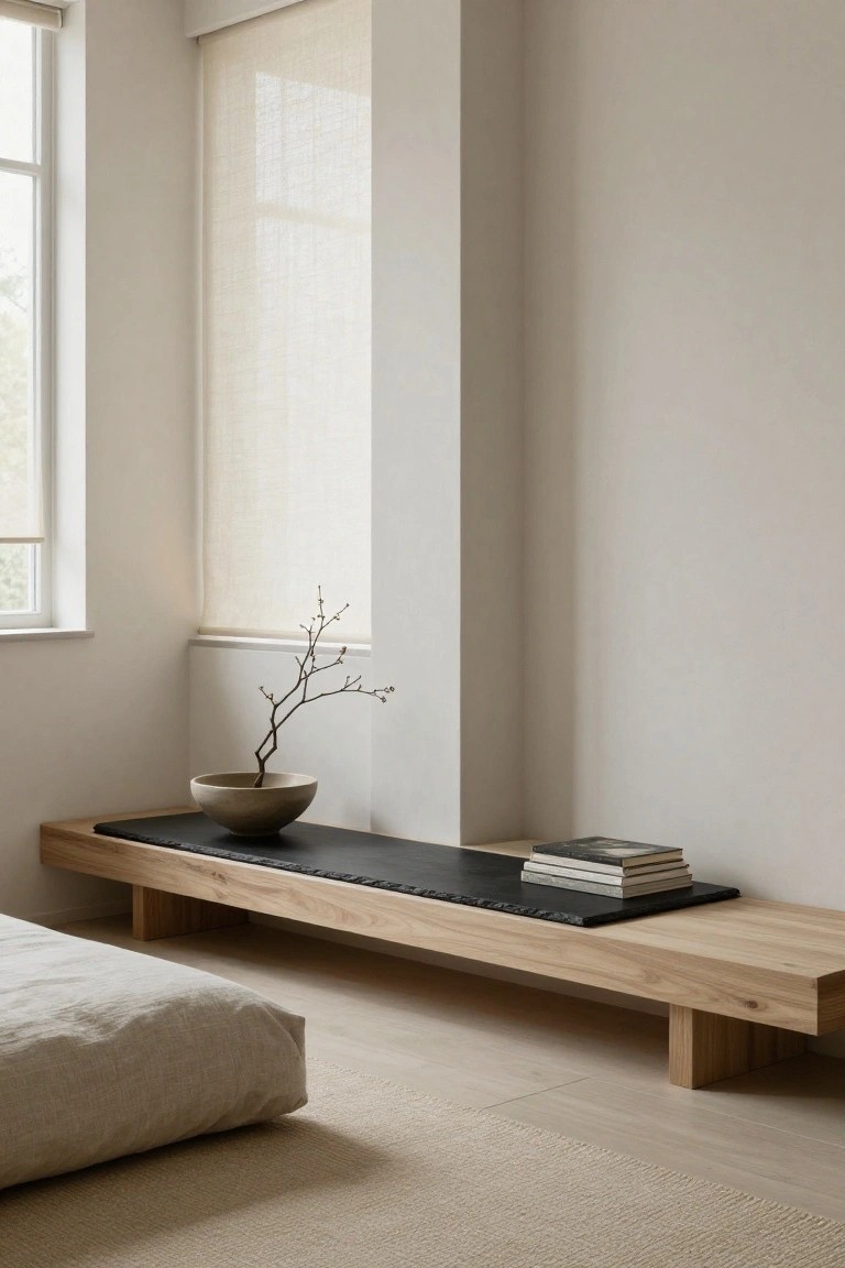 Low wooden console table with black slate top holding a bonsai plant in ceramic pot and stacked books, positioned in minimalist beige living room corner next to floor cushion on light wood floor.