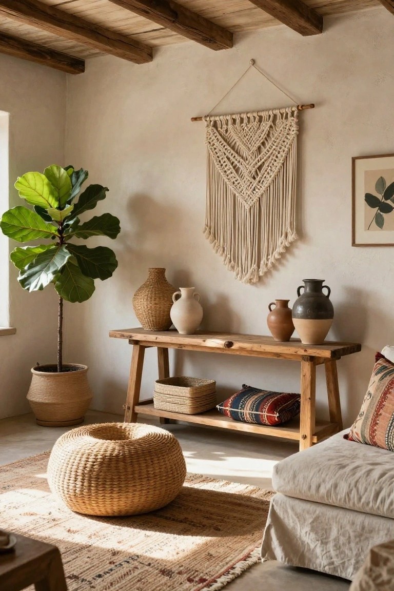 Living room corner featuring a rustic wooden bench console table with shelves holding baskets and pillows, topped with terracotta vases, beside a potted fiddle leaf fig plant, macrame wall hanging, and linen sofa on a woven rug.