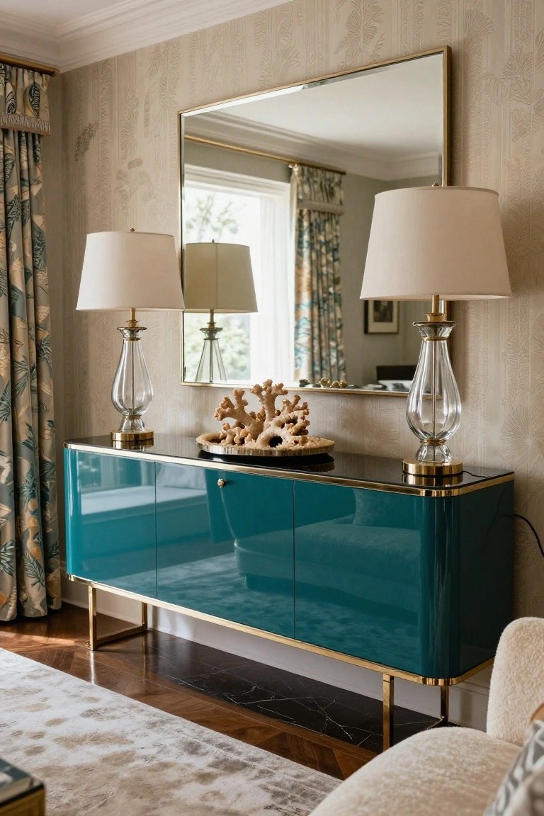 A glossy teal console table with gold trim and legs topped by a coral sculpture on a tray, flanked by two clear glass lamps with cream shades, positioned in front of a large gold-framed mirror in a room with cream wallpaper and green curtains.
