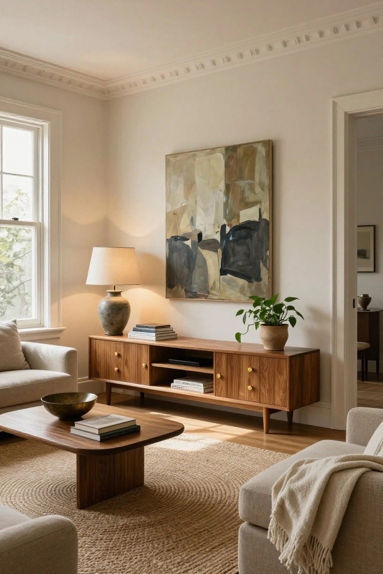 Warm Walnut Console with Brass Knobs