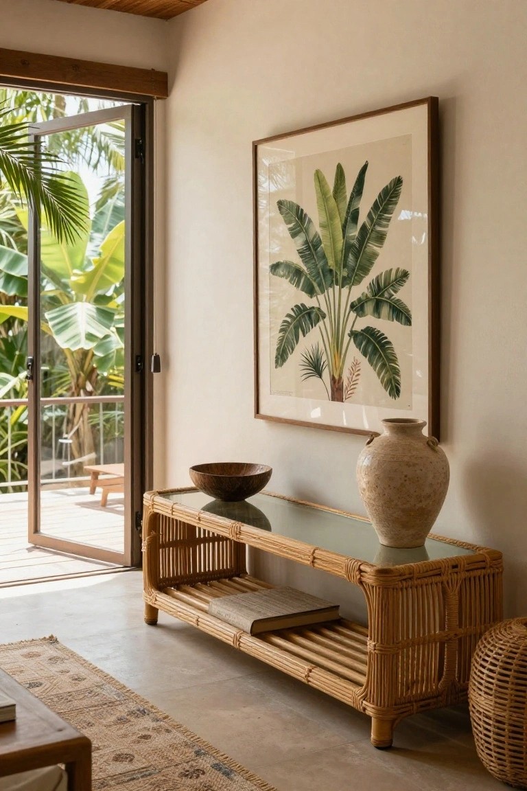 Rattan console table with glass top in a light beige living room, holding wooden bowl, beige ceramic vase, open book, and woven basket nearby, with open sliding doors to tropical balcony and plants.