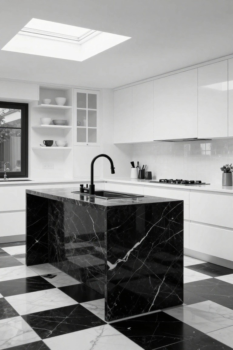 Black and white kitchen interior with central black marble island featuring waterfall edges on sides, white cabinets, black gooseneck faucet over sink, cooktop, and checkered black and white marble tile floor.