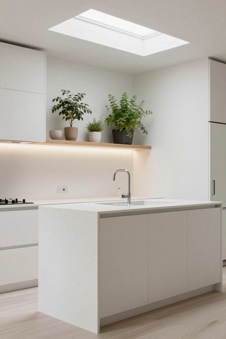 Modern white kitchen with central island featuring waterfall edges on white quartz countertop, potted plants on wooden shelf above backsplash, skylight overhead, gas cooktop, sink, and light oak flooring.