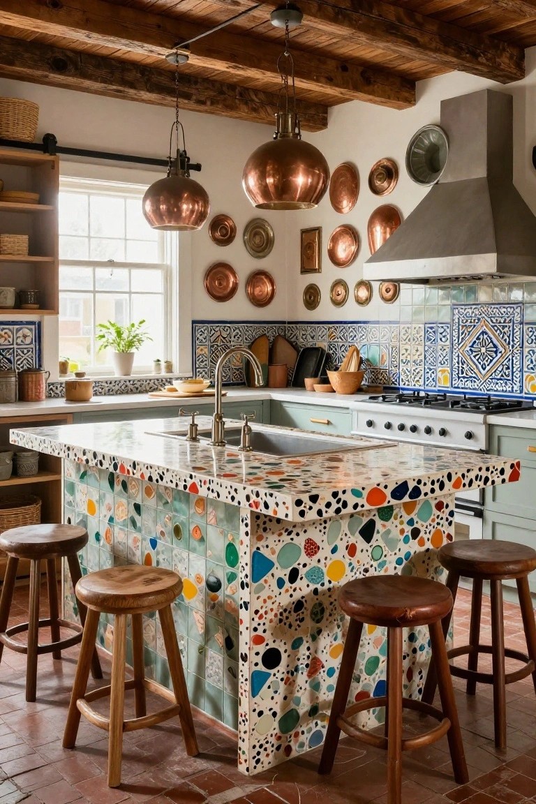 Kitchen with central island featuring turquoise mosaic tiles with colorful accents cascading down waterfall edges, wooden stools, blue patterned tile backsplash, copper cookware on white walls, and exposed wood beams.