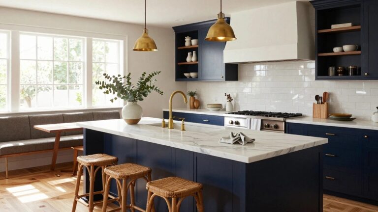21 Waterfall Island Luxury Kitchen Ideas That Feel Truly Custom Kitchen with navy blue island featuring white marble waterfall edges, four rattan barstools, gold faucet and hardware, white subway tile backsplash, and window light.