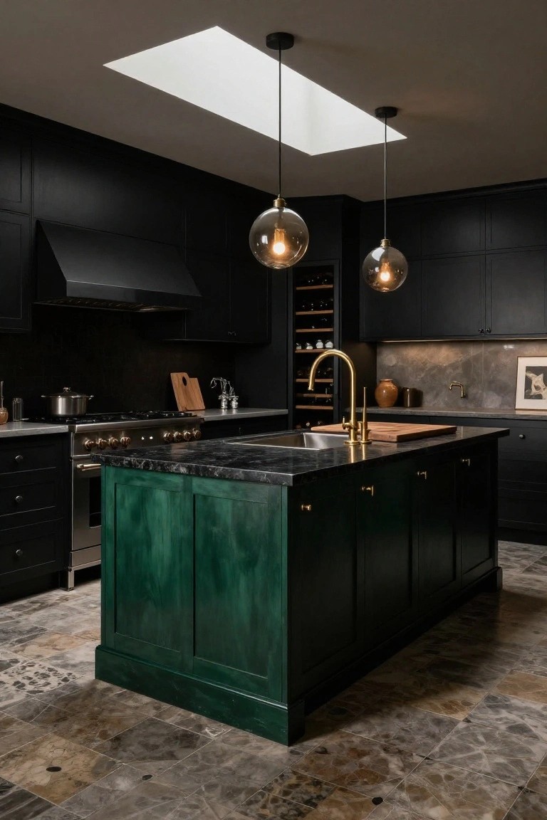 Luxury kitchen interior with black cabinets, deep green island featuring black marble waterfall countertop, gold faucets and hardware, skylight overhead, and stone tile floor.