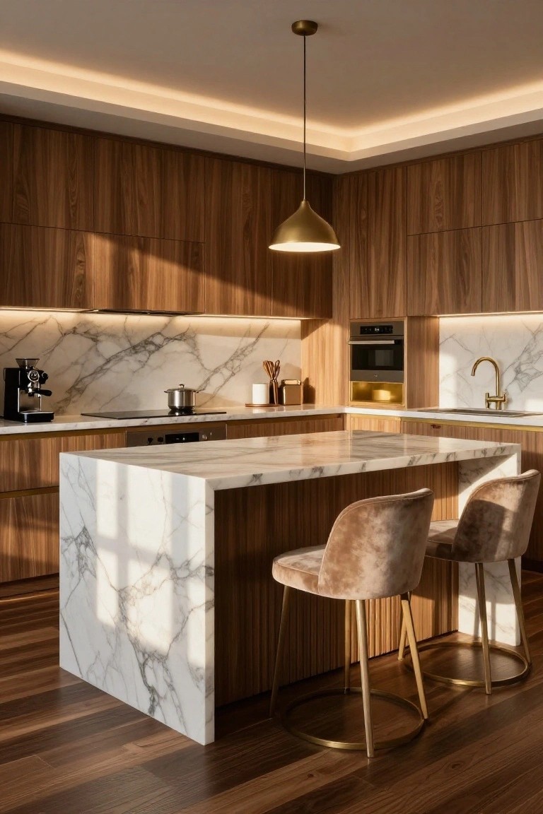 Modern kitchen interior with walnut wood cabinets, white veined marble waterfall island, two upholstered bar stools, gold pendant light, and integrated appliances against a marble backsplash.