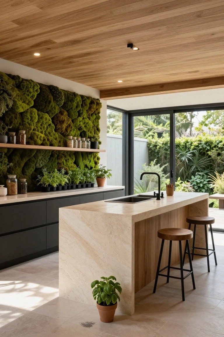 Modern kitchen with light veined stone waterfall-edge island, black base cabinets, wooden barstools, lush moss living wall with oak shelves holding glass jars and potted herbs, black faucet over sink, and sliding glass doors overlooking garden.