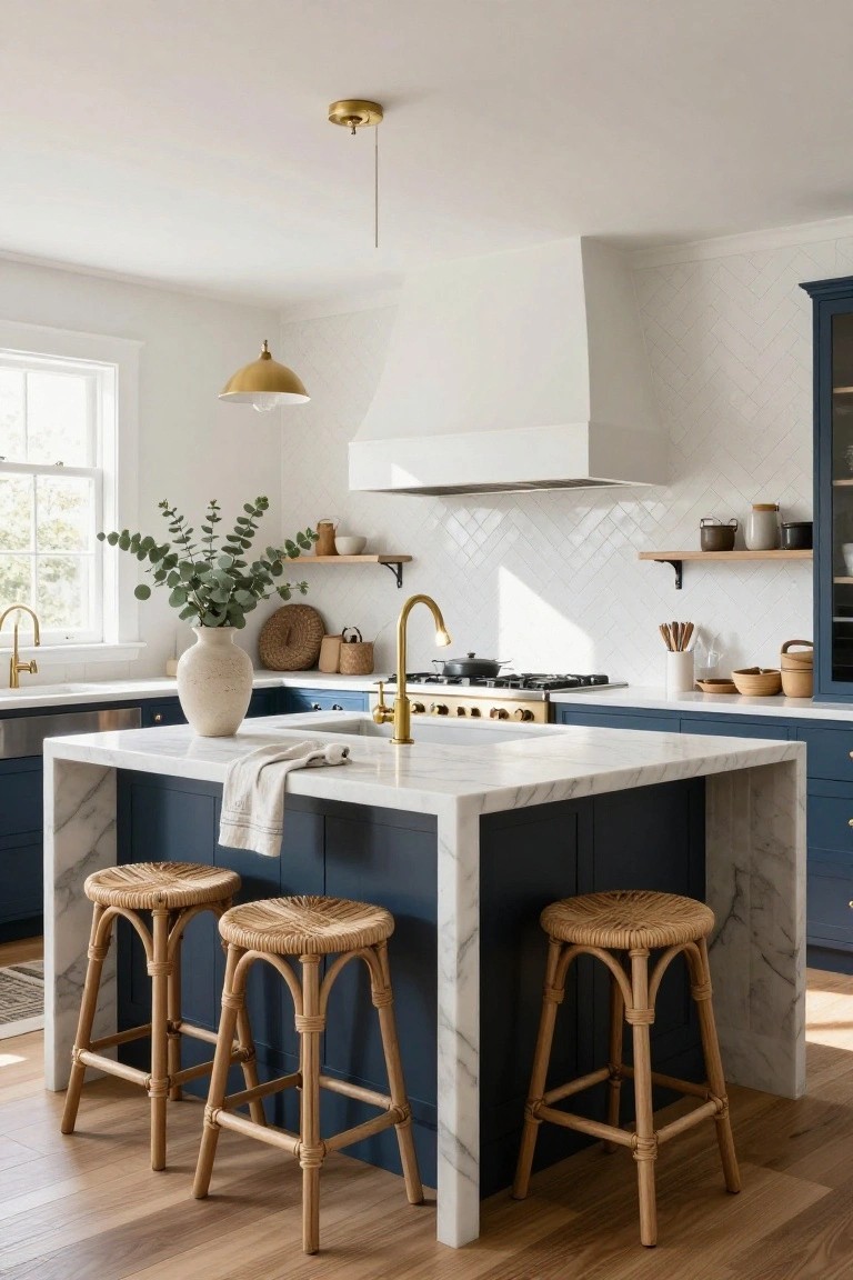 Kitchen with navy blue island featuring white marble waterfall edges, four rattan barstools, gold faucet and hardware, white subway tile backsplash, and window light.