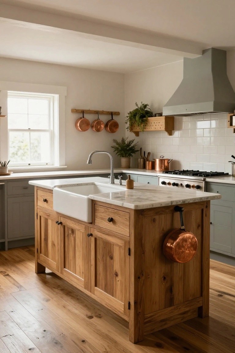 Kitchen with central oak wood island featuring white marble countertop with waterfall edges and integrated farmhouse sink, sage green perimeter cabinets, copper pots hanging from a rail, plants, and hardwood floors.