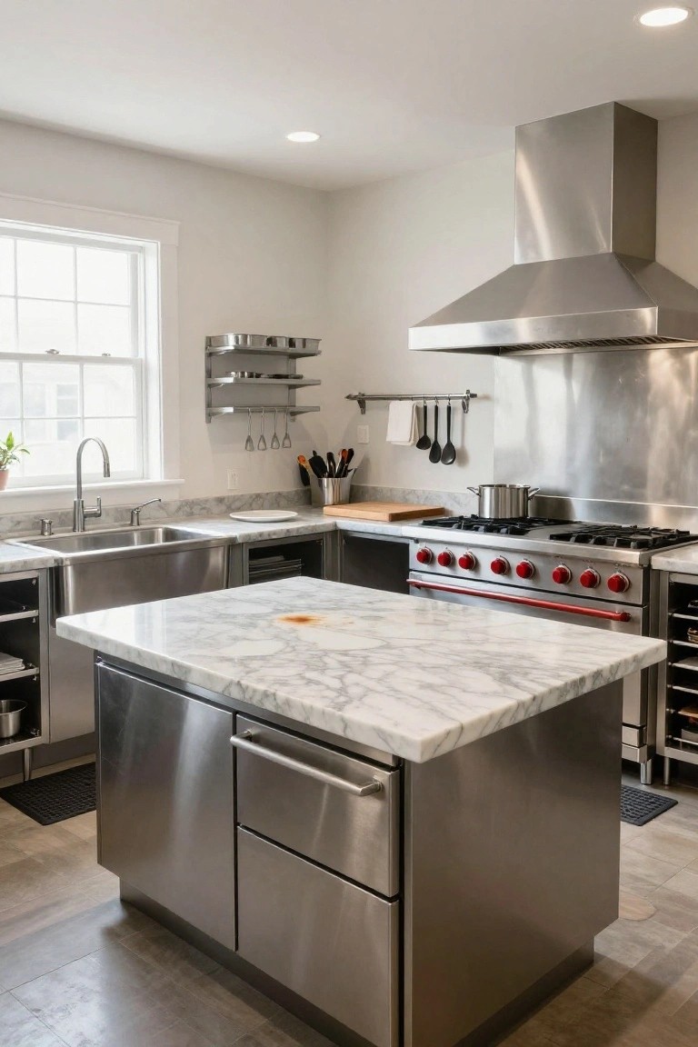Modern kitchen interior with stainless steel cabinets and appliances, white marble waterfall island countertop, large range with red knobs, double sink, and wall-mounted utensils.