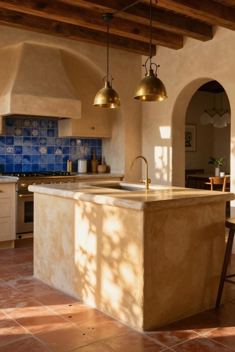 Kitchen with central beige stone waterfall island, gold pendant lights and faucet, blue patterned tile backsplash, arched doorway, wooden beams, and terracotta tile floor.