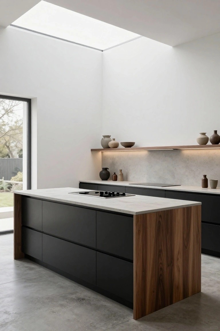 Modern kitchen interior with a large central island featuring black cabinets, walnut wood panels on the waterfall edges, white marble countertop with integrated gas cooktop, floating shelves with pottery above a gray backsplash, large window to garden, white walls, and skylight.