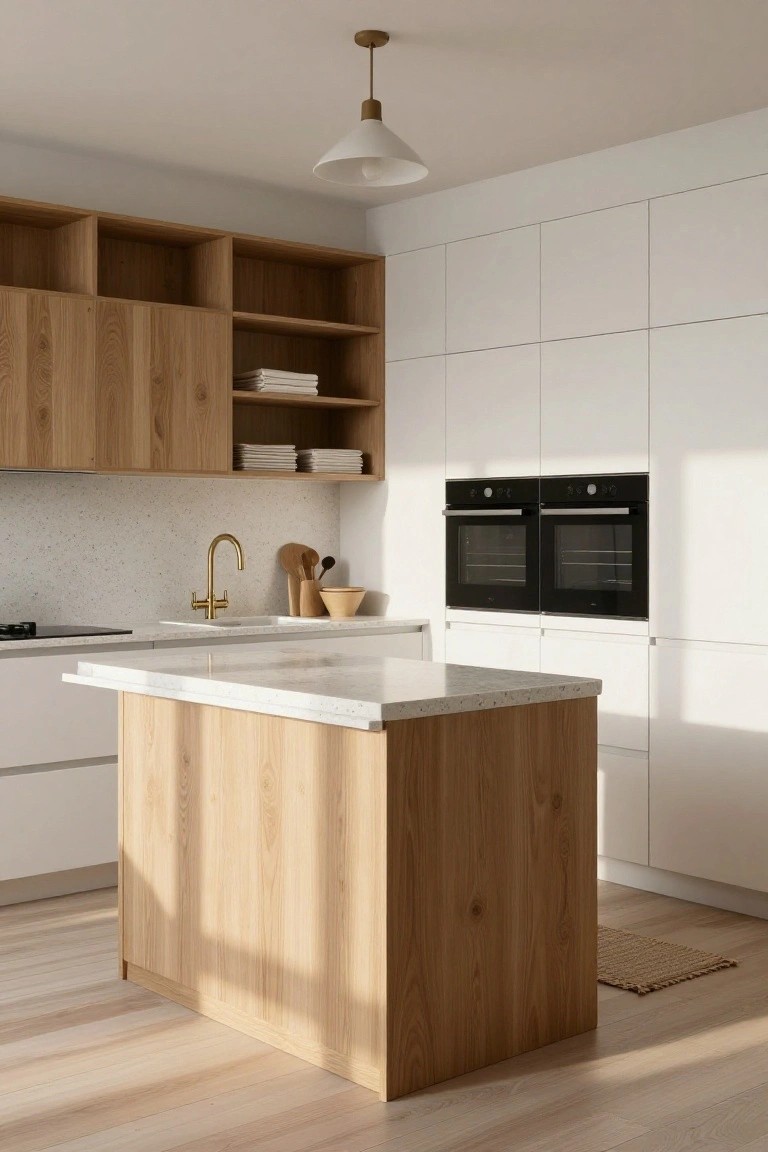 Modern kitchen interior with light oak upper cabinets and island featuring white quartz waterfall countertop, white lower cabinets and walls, gold faucet, double black ovens, and oak flooring.