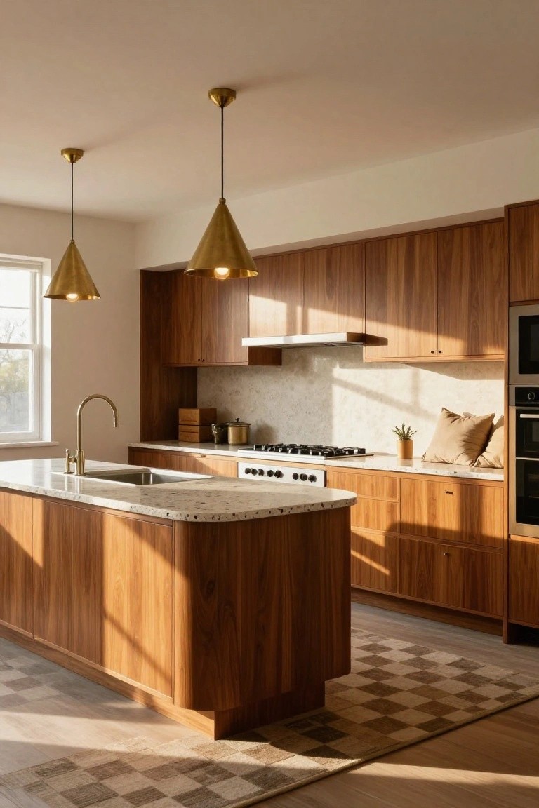 Kitchen interior with curved waterfall island in light wood cabinets, white veined quartz countertop, gold brass pendant lights, marble backsplash, and checkered rug on wood-look floor.