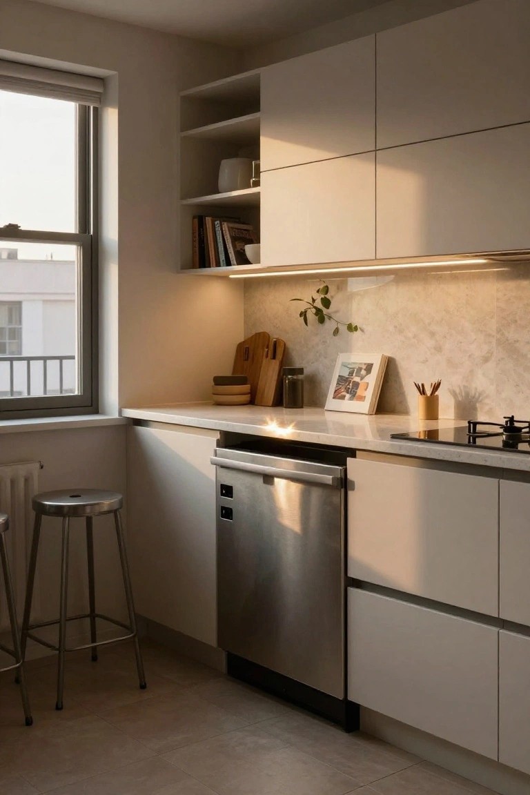 Modern compact kitchen with white flat-panel cabinets, waterfall-edge quartz countertop over integrated dishwasher, wooden cutting boards and utensils on counter, metal bar stools, and window view of exterior buildings.