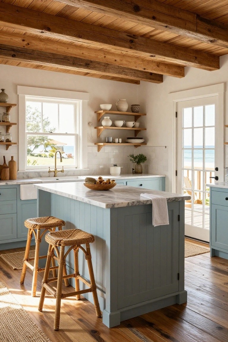 Bright kitchen interior with exposed wood beam ceiling, white walls, blue shaker-style cabinets, central island with white marble waterfall edges and rattan barstools, farmhouse sink, open shelves with pottery, and large windows and doors overlooking ocean and deck.